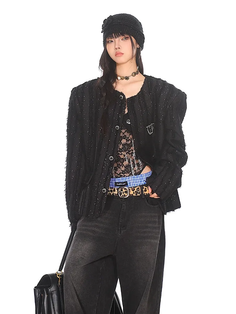 Boxy Sequined Ribbed Blazer Jacket