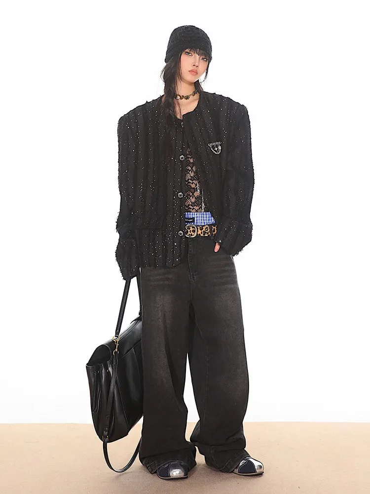Boxy Sequined Ribbed Blazer Jacket