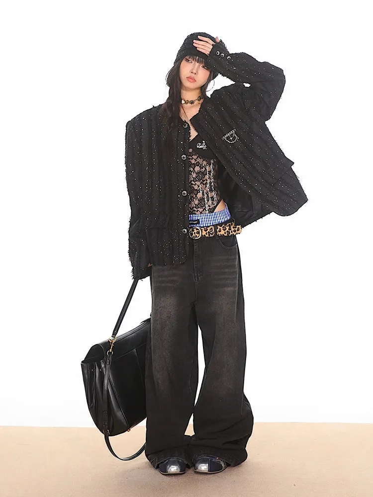 Boxy Sequined Ribbed Blazer Jacket