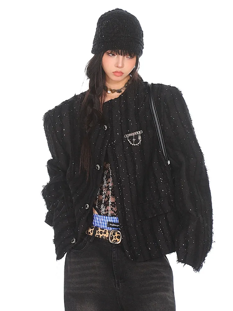 Boxy Sequined Ribbed Blazer Jacket