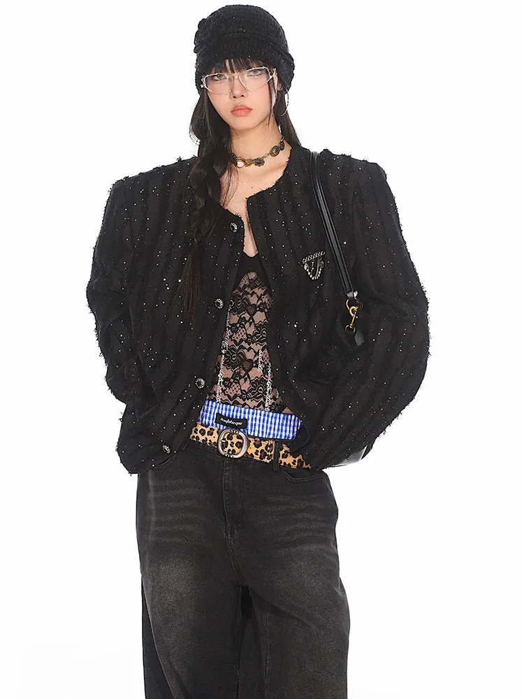 Boxy Sequined Ribbed Blazer Jacket