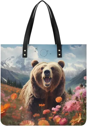Brown Bear Tote Bags PU Leather Top Handle Satchel Handbags Shoulder Bags Travel Purse for Women Men