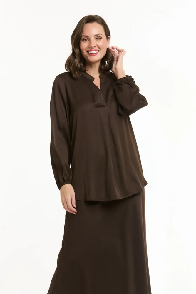 Brown Mandarin Collar Shirt