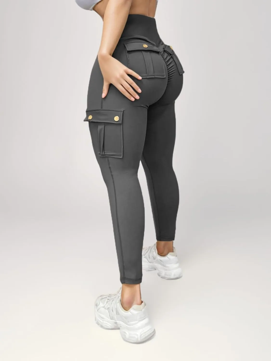 Butt Lifting Leggings with Flap Pockets for Women Stretch Cargo Leggings High Waist Tummy Control Workout Running Pants