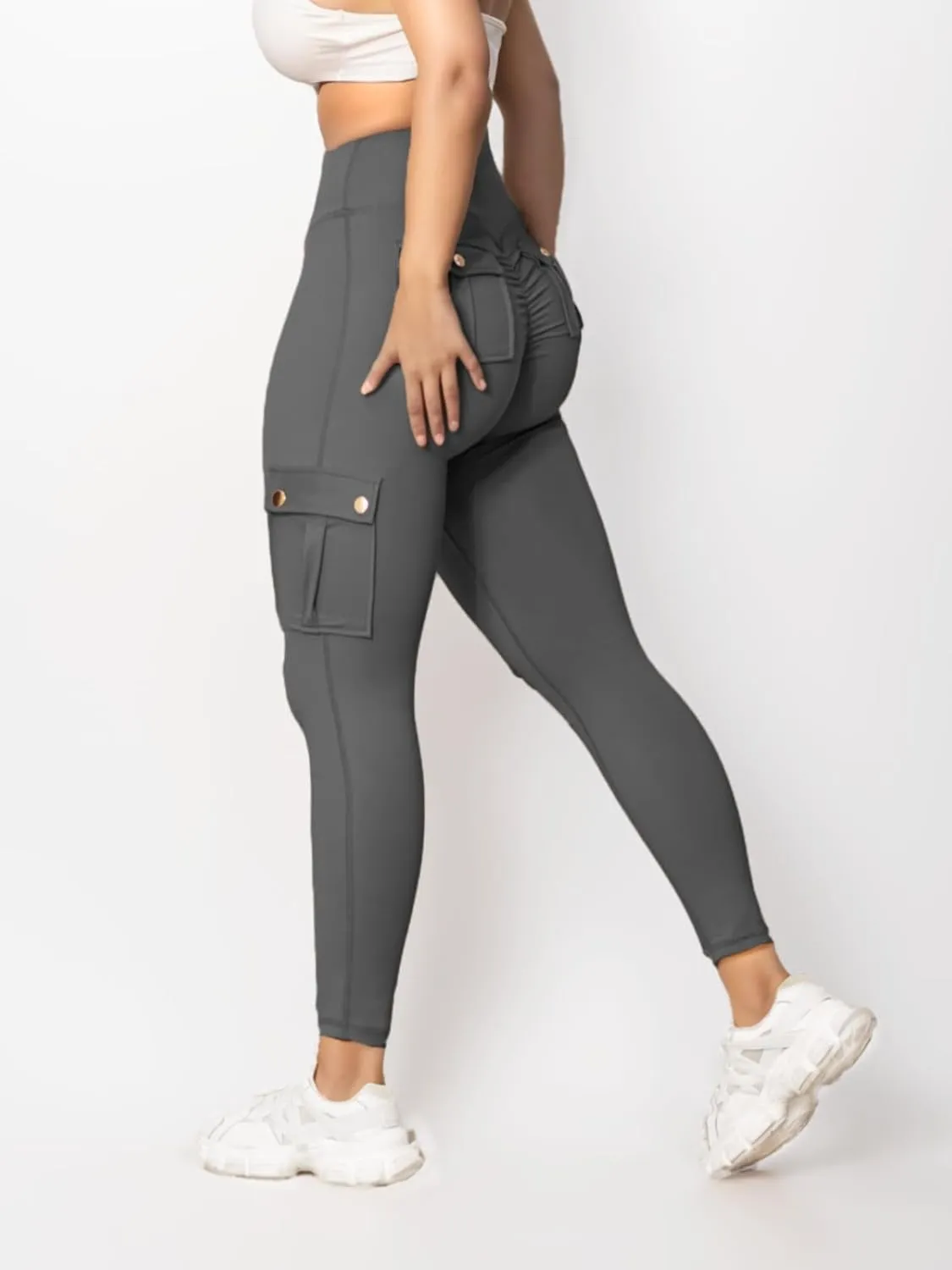 Butt Lifting Leggings with Flap Pockets for Women Stretch Cargo Leggings High Waist Tummy Control Workout Running Pants