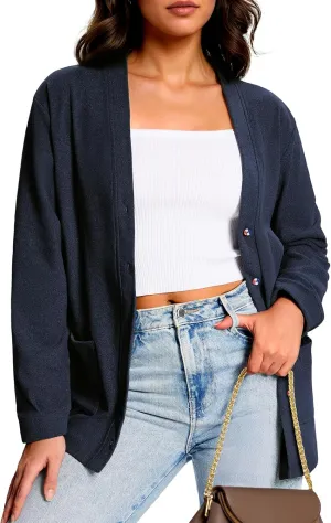 Button Up Lightweight Cardigans For Women Soft V Neck Open Front Cardigan with Pockets Loose Outwear Casual Travel