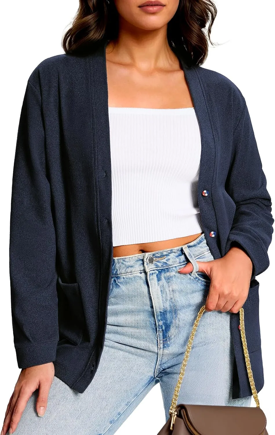 Button Up Lightweight Cardigans For Women Soft V Neck Open Front Cardigan with Pockets Loose Outwear Casual Travel