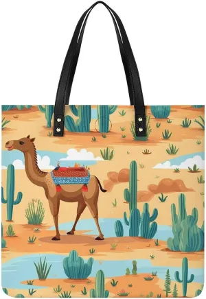 Cartoon Cactus And Camels Tote Bags PU Leather Top Handle Satchel Handbags Shoulder Bags Travel Purse for Women Men