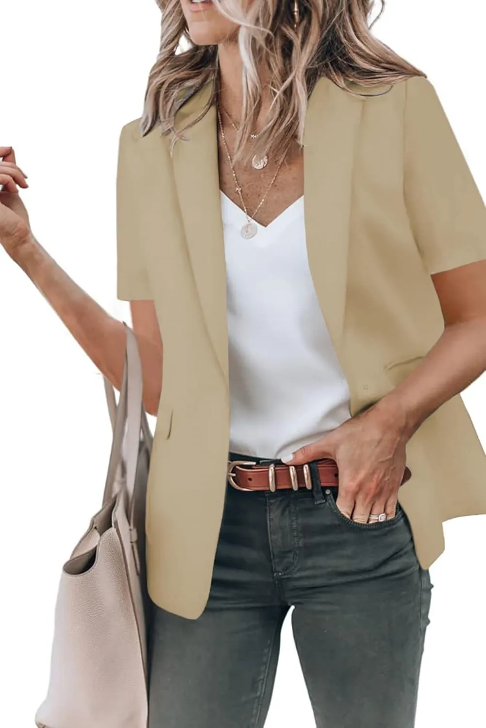Casual Blazer for Women Trendy Short Sleeve Lapel One Button Jacket Blazers Summer Dressy Office Jackets with Pocket
