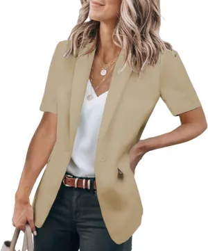 Casual Blazer for Women Trendy Short Sleeve Lapel One Button Jacket Blazers Summer Dressy Office Jackets with Pocket