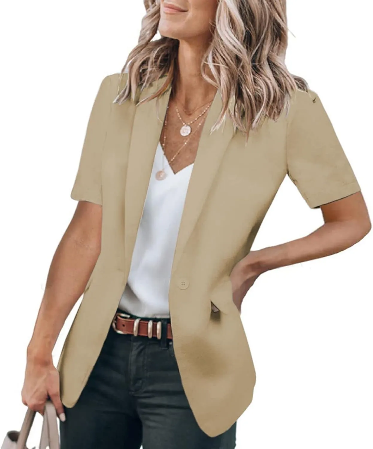 Casual Blazer for Women Trendy Short Sleeve Lapel One Button Jacket Blazers Summer Dressy Office Jackets with Pocket