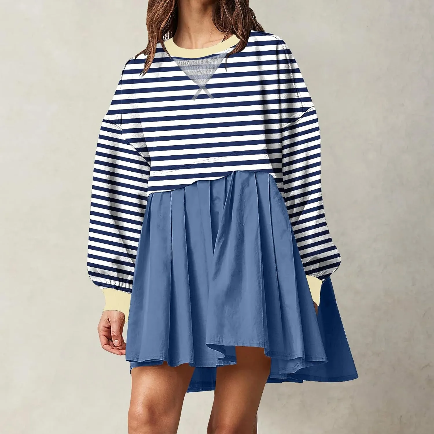 Casual Dresses for Women 2024 Trendy Long Sleeve Fall Pleated Striped Mini Dress Loose Crewneck Ruffle Preppy Clothes