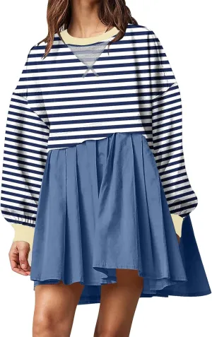 Casual Dresses for Women 2024 Trendy Long Sleeve Fall Pleated Striped Mini Dress Loose Crewneck Ruffle Preppy Clothes