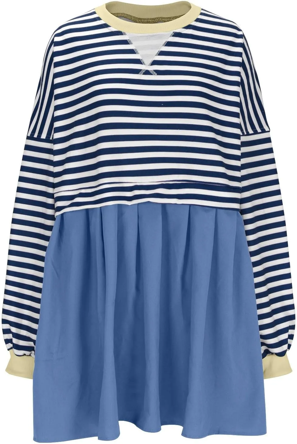 Casual Dresses for Women 2024 Trendy Long Sleeve Fall Pleated Striped Mini Dress Loose Crewneck Ruffle Preppy Clothes