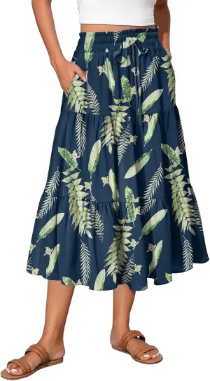 Casual Skirts for Women Summer High Waisted Wrap Midi Skirt Swing A-Line Floral Print Knee Length Skirt with Pockets
