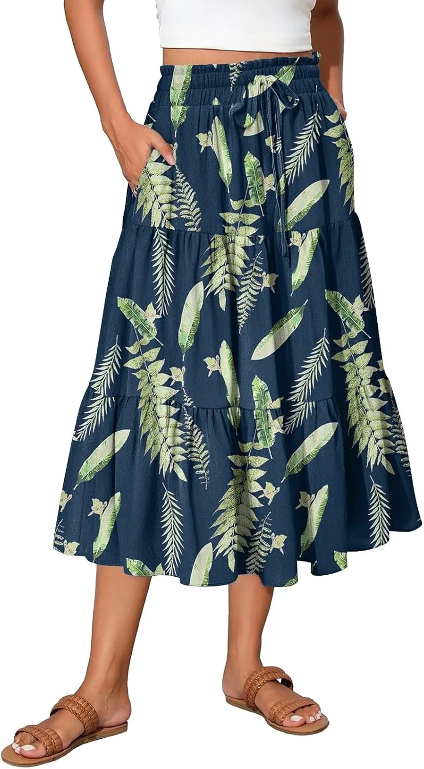 Casual Skirts for Women Summer High Waisted Wrap Midi Skirt Swing A-Line Floral Print Knee Length Skirt with Pockets