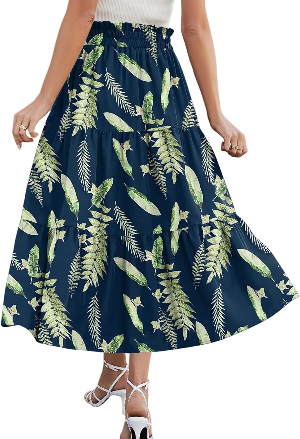 Casual Skirts for Women Summer High Waisted Wrap Midi Skirt Swing A-Line Floral Print Knee Length Skirt with Pockets