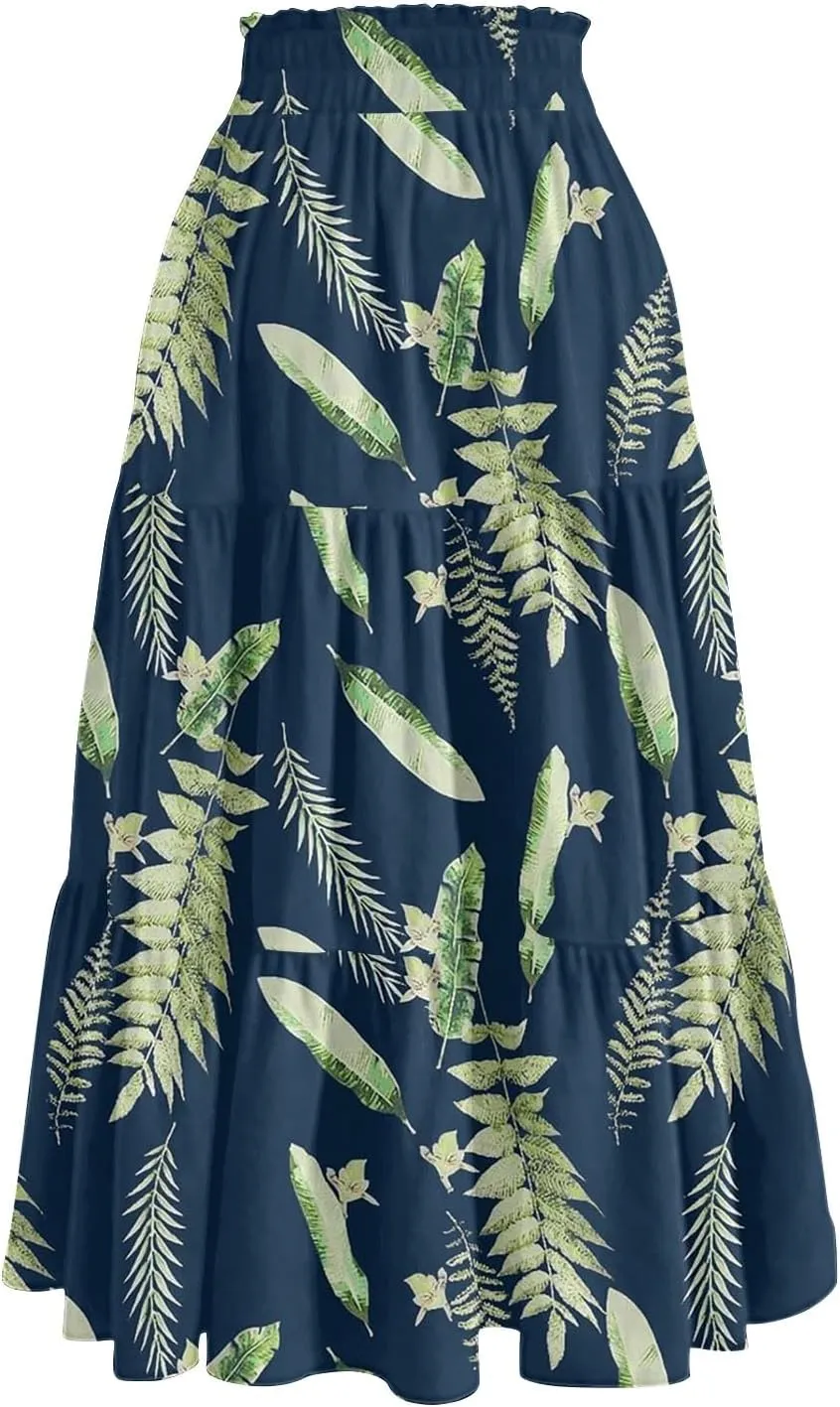 Casual Skirts for Women Summer High Waisted Wrap Midi Skirt Swing A-Line Floral Print Knee Length Skirt with Pockets