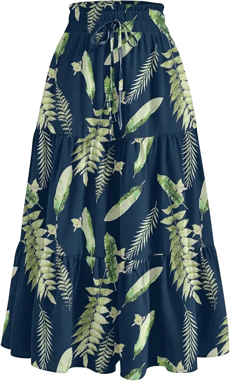 Casual Skirts for Women Summer High Waisted Wrap Midi Skirt Swing A-Line Floral Print Knee Length Skirt with Pockets