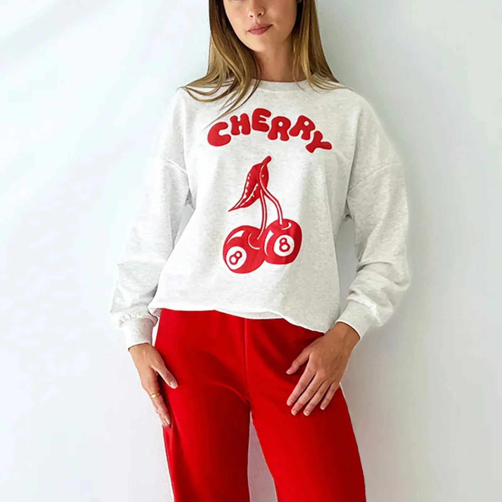 ChicMy Cherry Coquette Fruit Trendy Crewneck Sweatshirt Y2K Aesthetic Pink Kawaii Basic Pullover Tee Comfort Harajuku Outfit