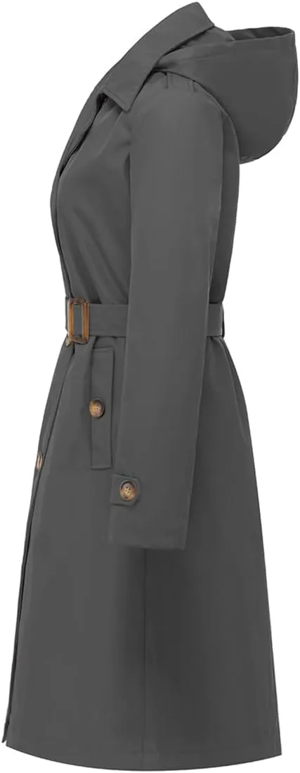 Chrisuno Women's Double Breasted Long Trench Coats Mid-Length Belted Overcoat Dress Jacket with Detachable Hood