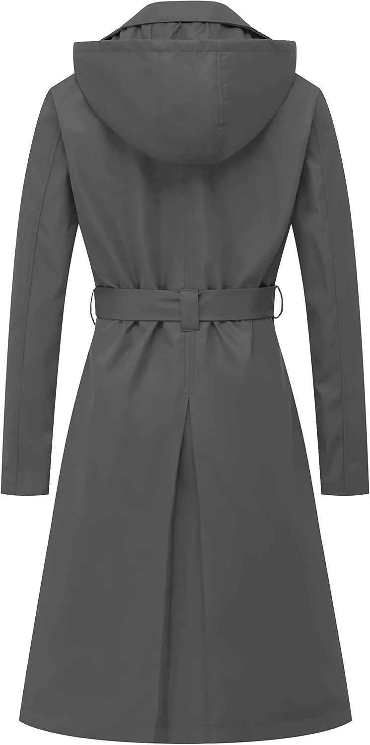 Chrisuno Women's Double Breasted Long Trench Coats Mid-Length Belted Overcoat Dress Jacket with Detachable Hood