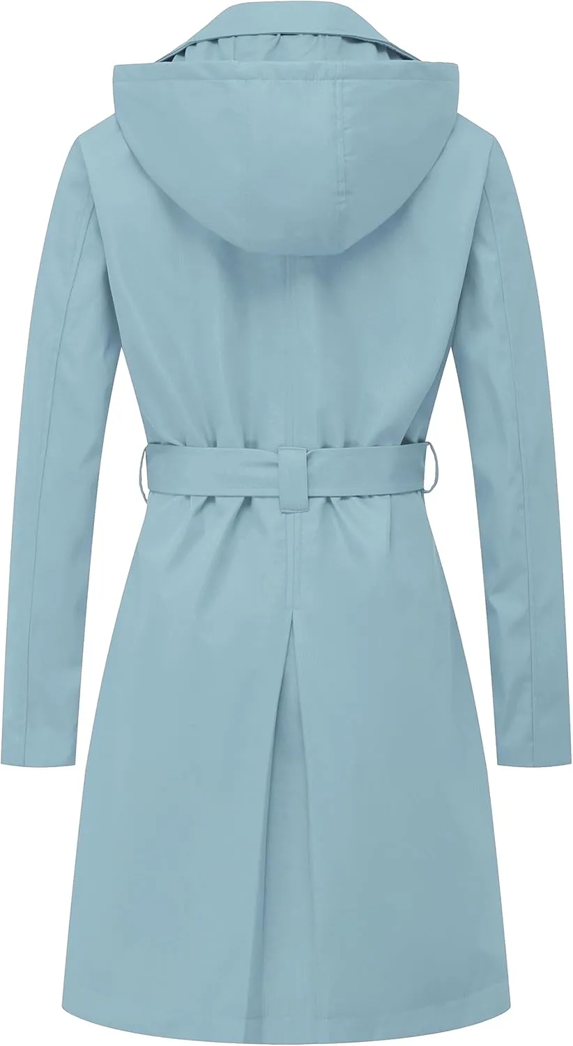 Chrisuno Women's Double Breasted Long Trench Coats Mid-Length Belted Overcoat Dress Jacket with Detachable Hood