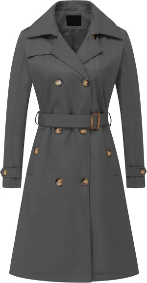 Chrisuno Women's Double Breasted Long Trench Coats Mid-Length Belted Overcoat Dress Jacket with Detachable Hood