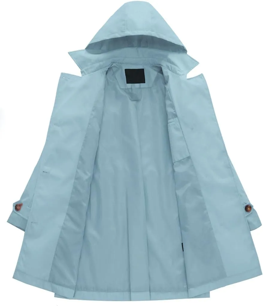 Chrisuno Women's Double Breasted Long Trench Coats Mid-Length Belted Overcoat Dress Jacket with Detachable Hood