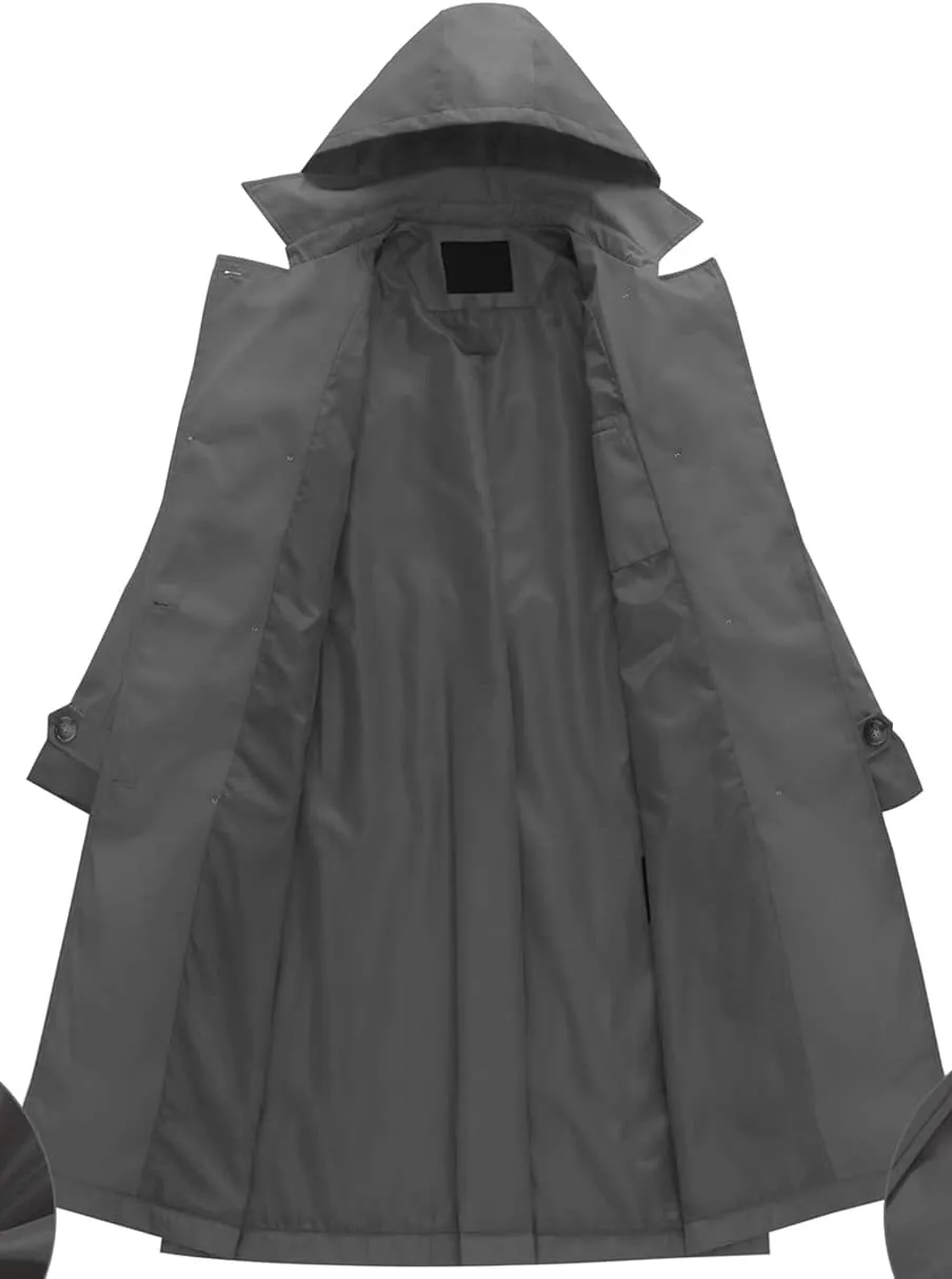 Chrisuno Women's Double Breasted Long Trench Coats Mid-Length Belted Overcoat Dress Jacket with Detachable Hood