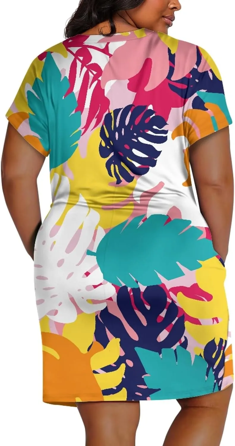 CLOHOMIN Short Sleeve Women Dresses for Party Shoping Club Oversized Dresses V Neck Midi Dress Size L-5XL