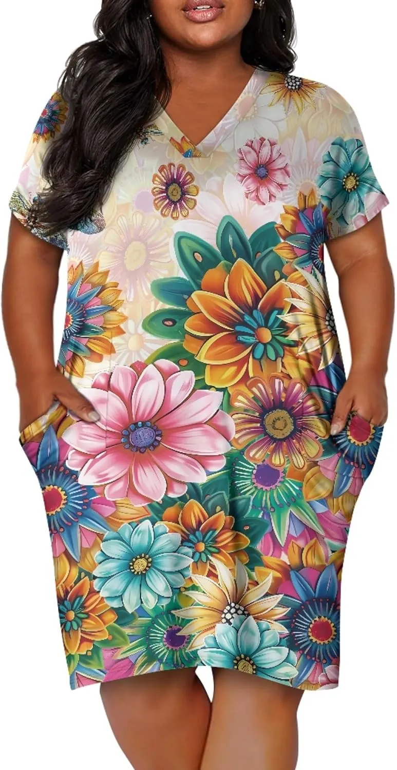 CLOHOMIN Short Sleeve Women Dresses for Party Shoping Club Oversized Dresses V Neck Midi Dress Size L-5XL