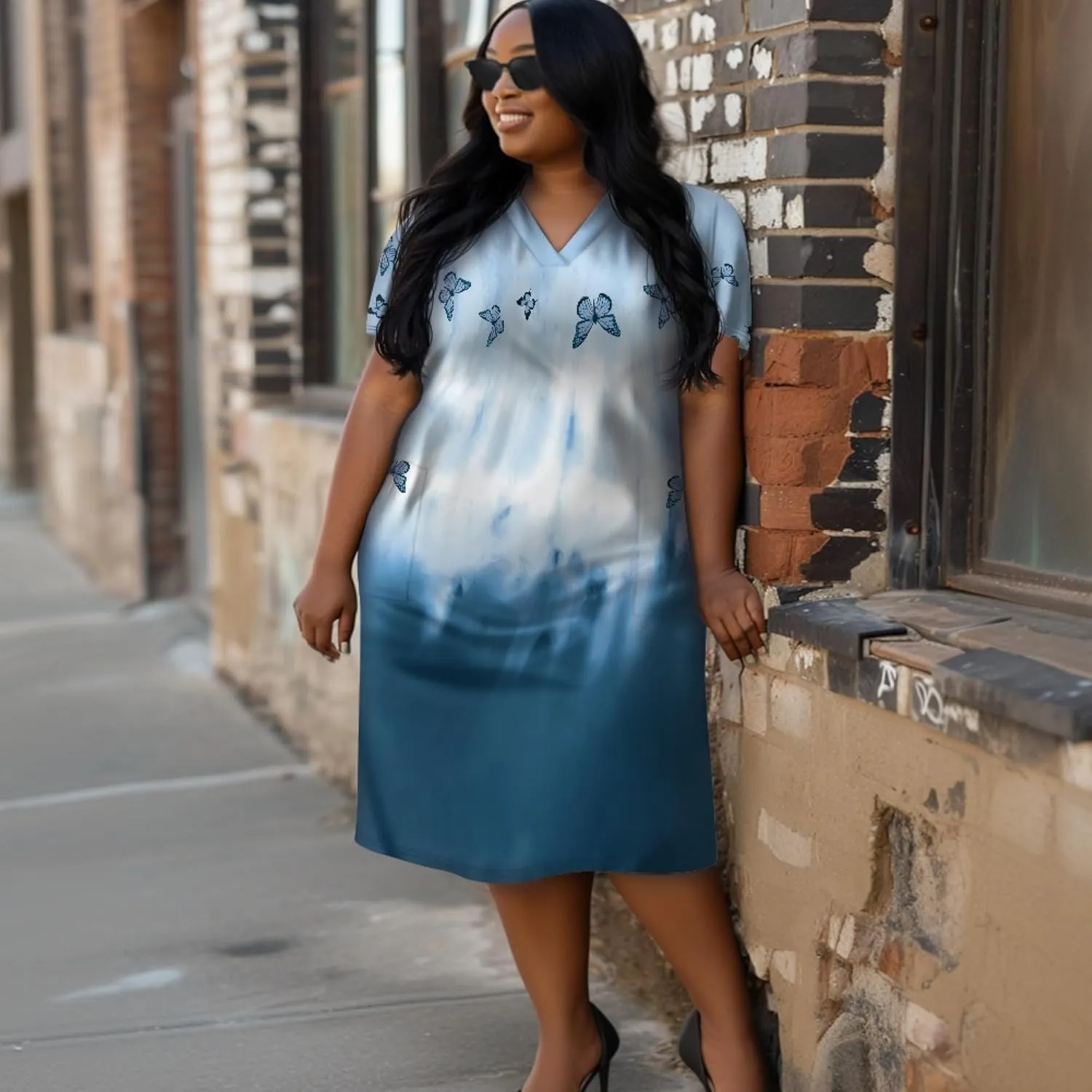 CLOHOMIN Short Sleeve Women Dresses for Party Shoping Club Oversized Dresses V Neck Midi Dress Size L-5XL