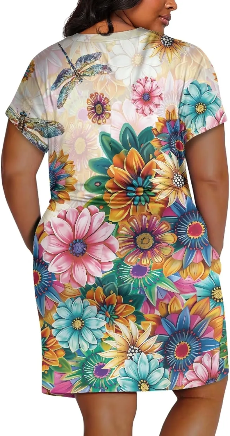 CLOHOMIN Short Sleeve Women Dresses for Party Shoping Club Oversized Dresses V Neck Midi Dress Size L-5XL