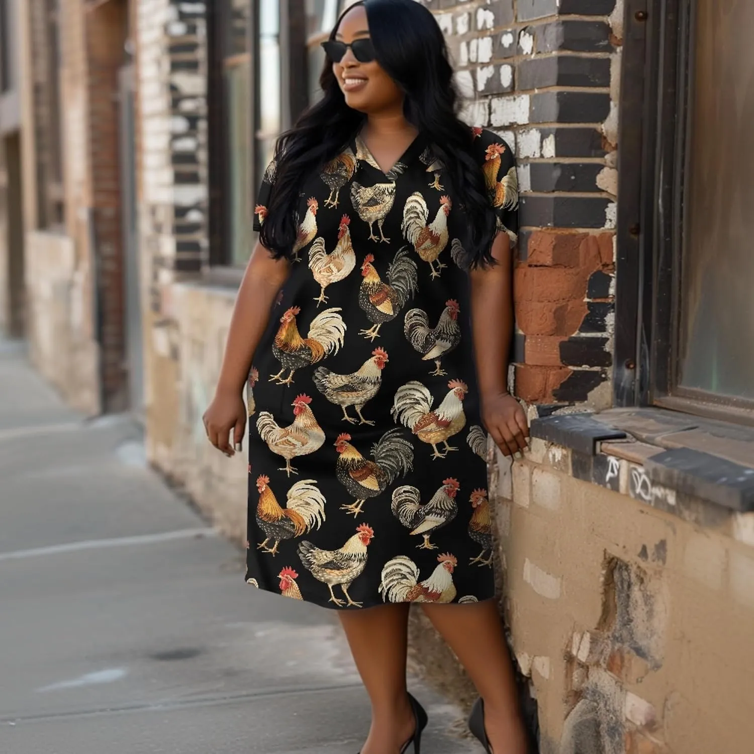 CLOHOMIN Short Sleeve Women Dresses for Party Shoping Club Oversized Dresses V Neck Midi Dress Size L-5XL