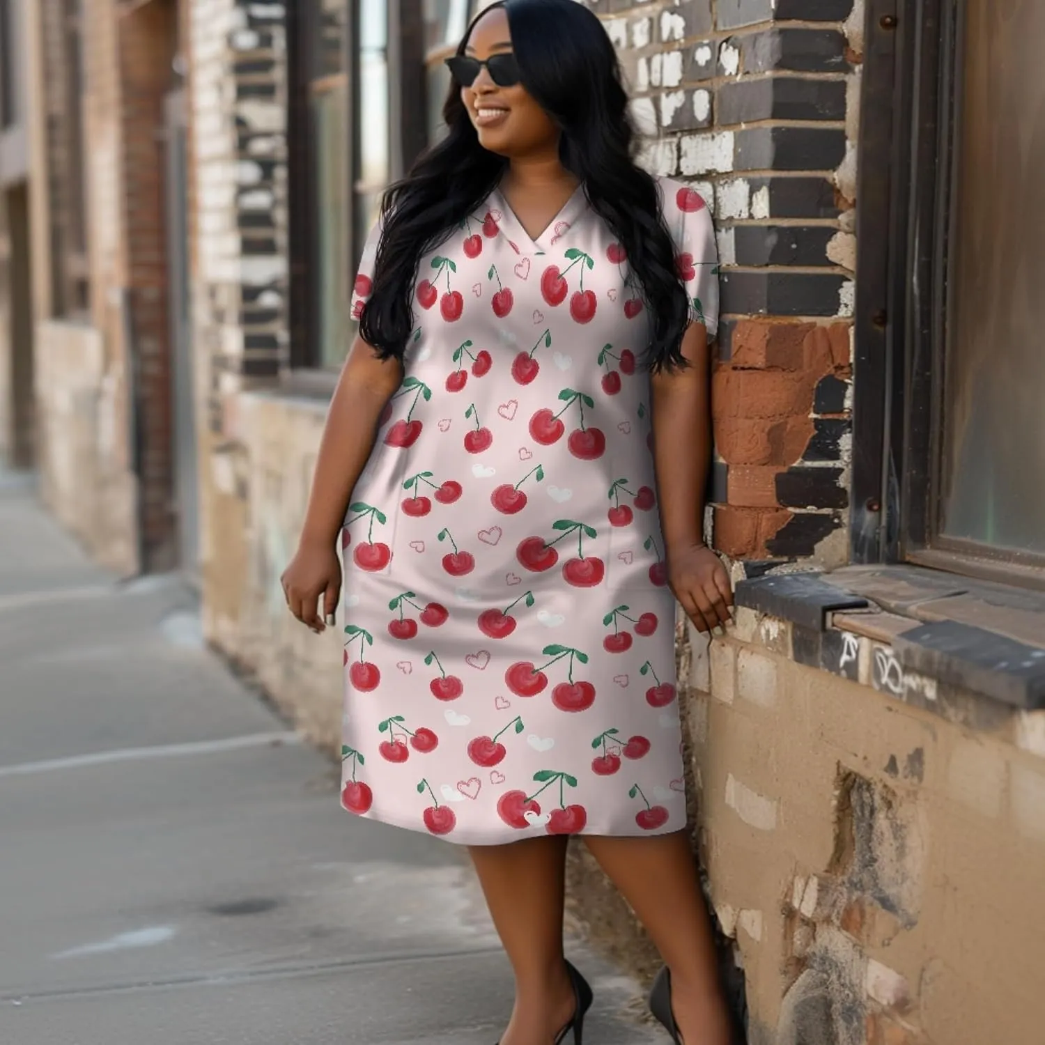 CLOHOMIN Short Sleeve Women Dresses for Party Shoping Club Oversized Dresses V Neck Midi Dress Size L-5XL