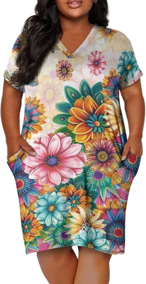 CLOHOMIN Short Sleeve Women Dresses for Party Shoping Club Oversized Dresses V Neck Midi Dress Size L-5XL