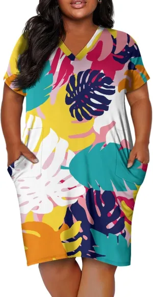 CLOHOMIN Short Sleeve Women Dresses for Party Shoping Club Oversized Dresses V Neck Midi Dress Size L-5XL