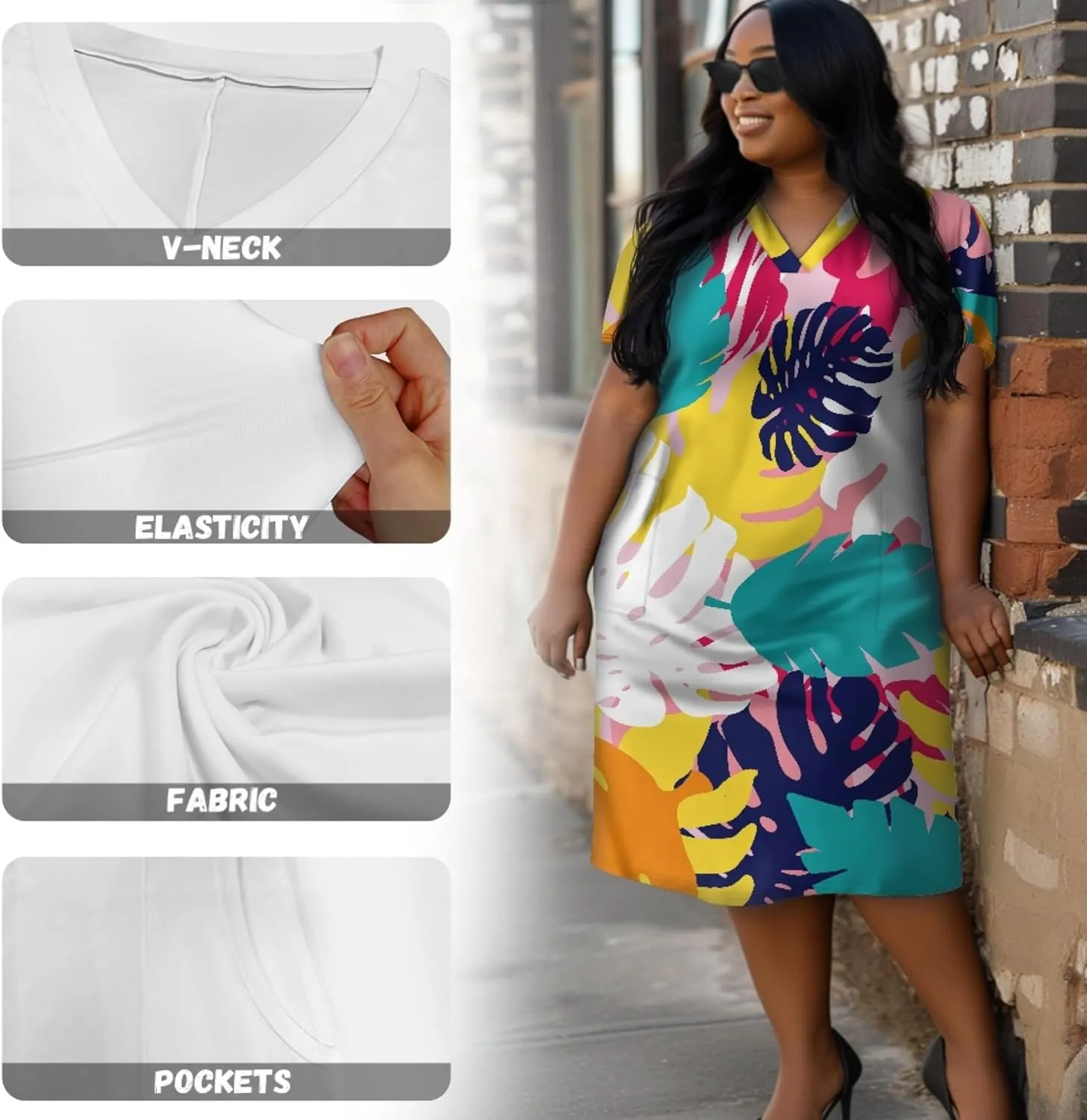 CLOHOMIN Short Sleeve Women Dresses for Party Shoping Club Oversized Dresses V Neck Midi Dress Size L-5XL