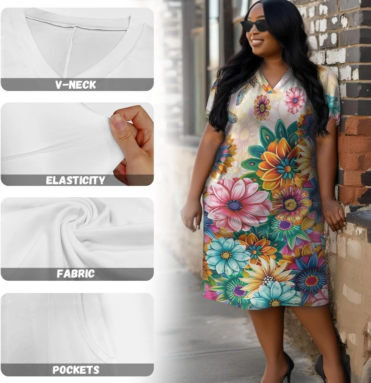 CLOHOMIN Short Sleeve Women Dresses for Party Shoping Club Oversized Dresses V Neck Midi Dress Size L-5XL