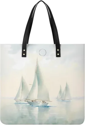 Coastal Sailing Seascape Boats Tote Bags PU Leather Top Handle Satchel Handbags Shoulder Bags Travel Purse for Women Men