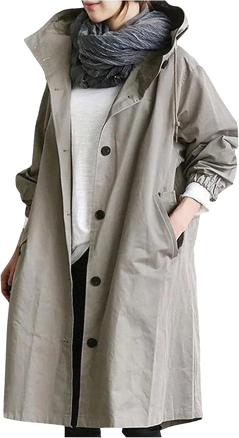 COTECRAM Women's Trench Jackets Plus Size Casual Long Rain Jacket Fashion Winter Hooded Oversized Windbreaker Coats Outerwear