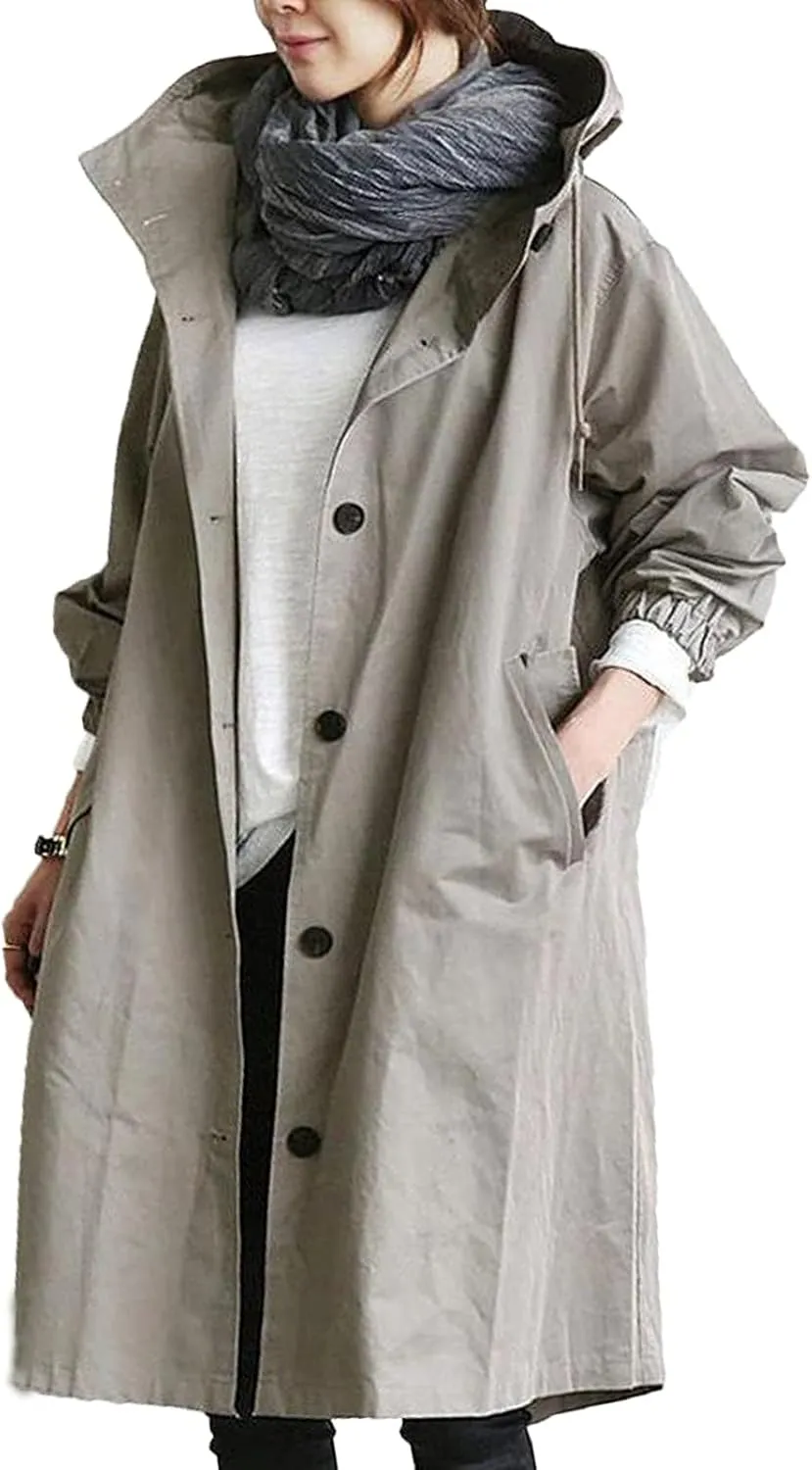 COTECRAM Women's Trench Jackets Plus Size Casual Long Rain Jacket Fashion Winter Hooded Oversized Windbreaker Coats Outerwear