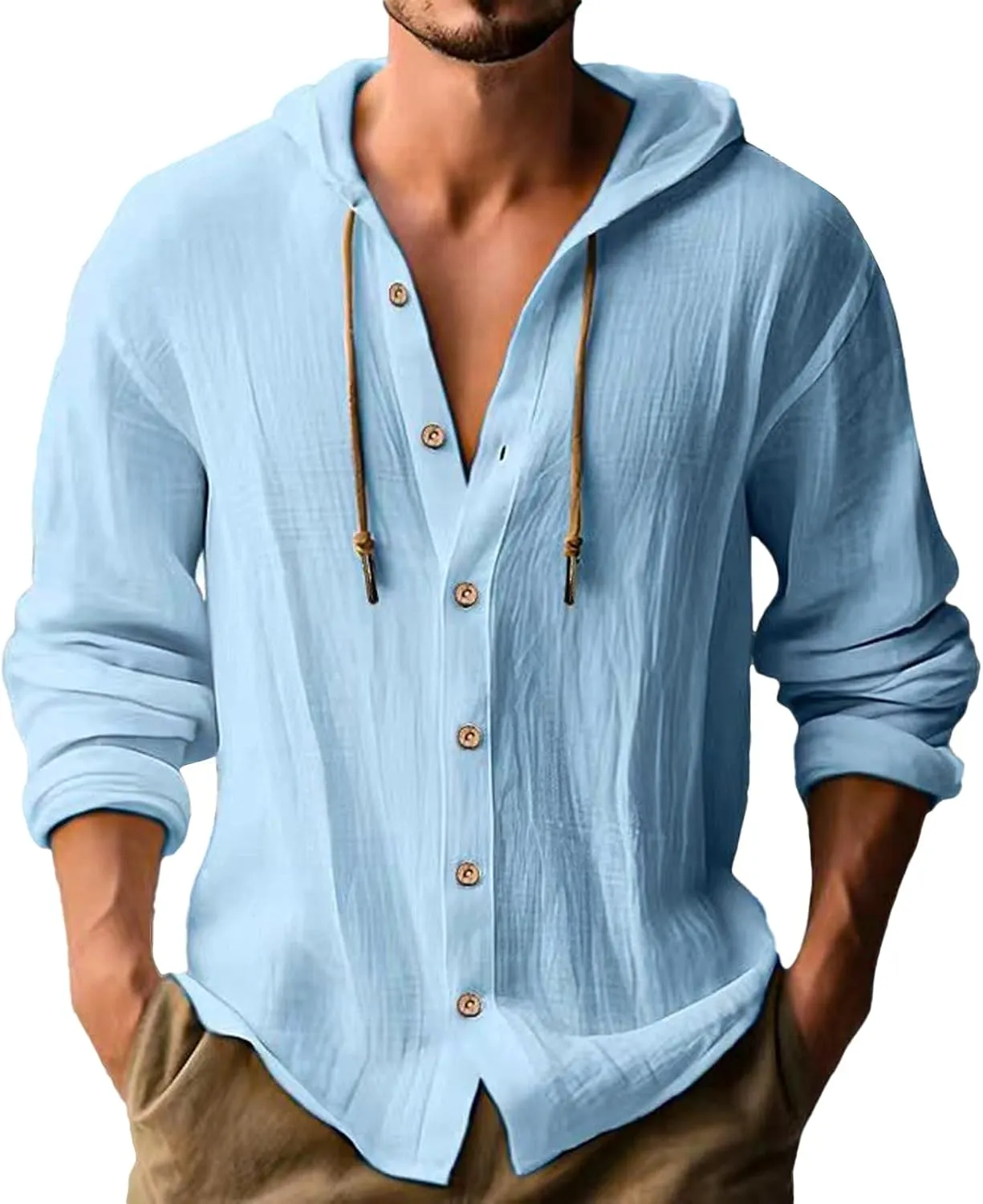 Cotton Hoodie for Mens Long Sleeve Linen Button Down Shirt Summer Casual Hawaiian Beach Tops Lightweight Work Tshirt