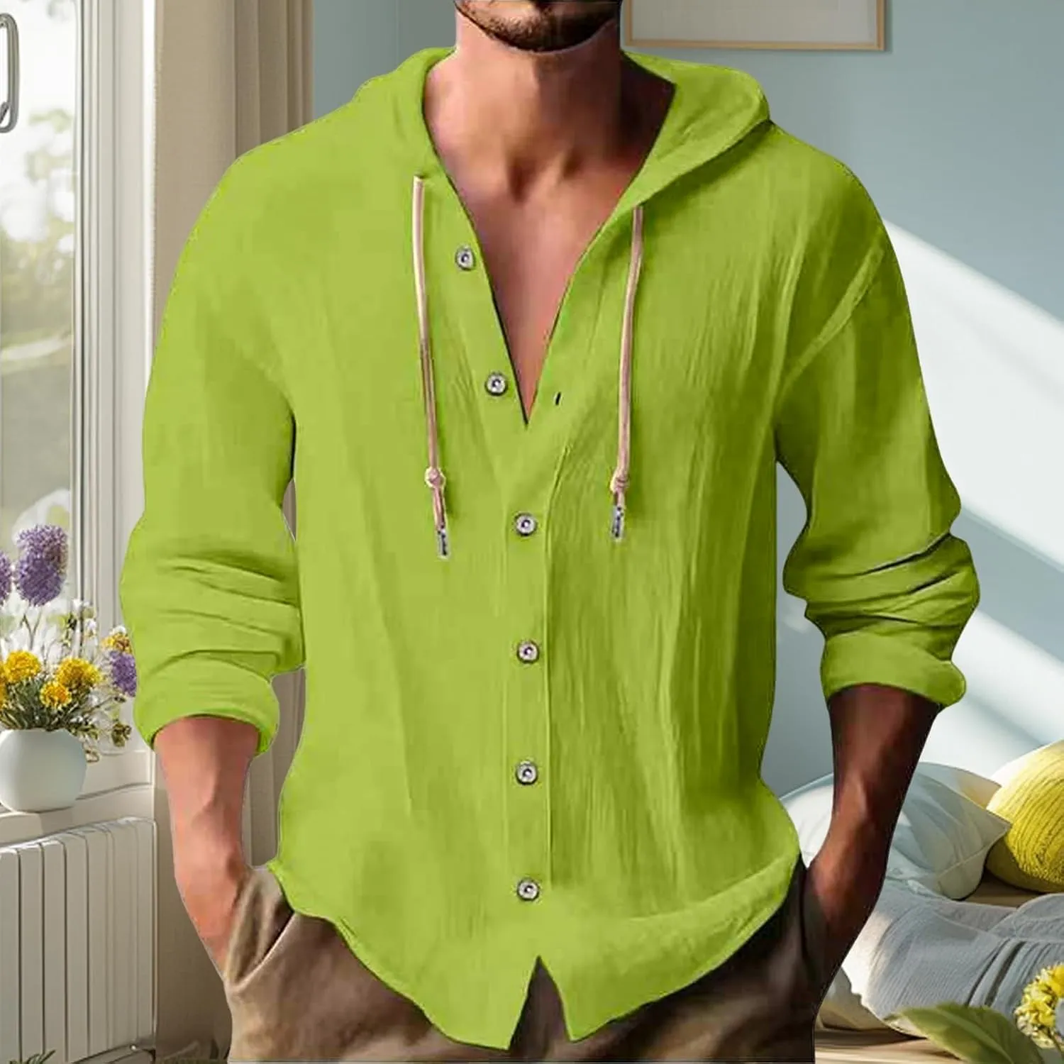 Cotton Hoodie for Mens Long Sleeve Linen Button Down Shirt Summer Casual Hawaiian Beach Tops Lightweight Work Tshirt