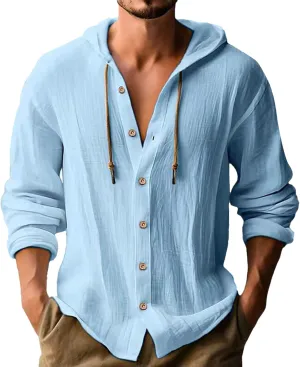 Cotton Hoodie for Mens Long Sleeve Linen Button Down Shirt Summer Casual Hawaiian Beach Tops Lightweight Work Tshirt
