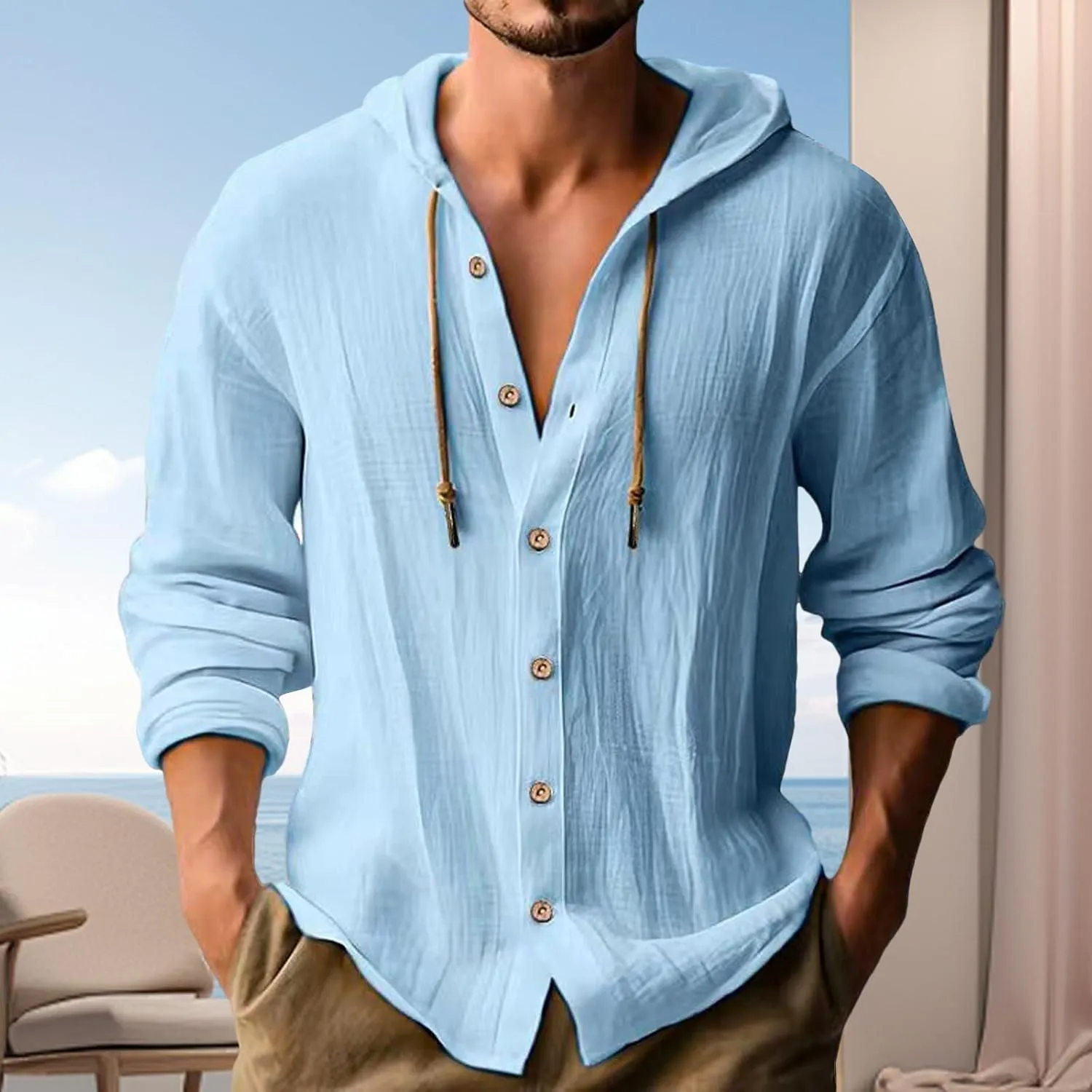 Cotton Hoodie for Mens Long Sleeve Linen Button Down Shirt Summer Casual Hawaiian Beach Tops Lightweight Work Tshirt