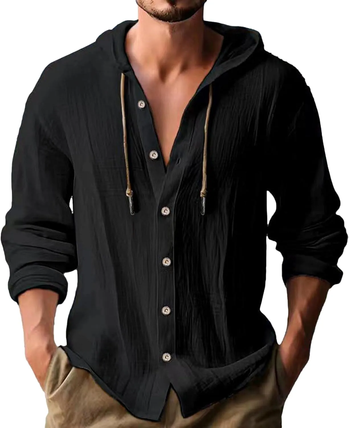 Cotton Hoodie for Mens Long Sleeve Linen Button Down Shirt Summer Casual Hawaiian Beach Tops Lightweight Work Tshirt