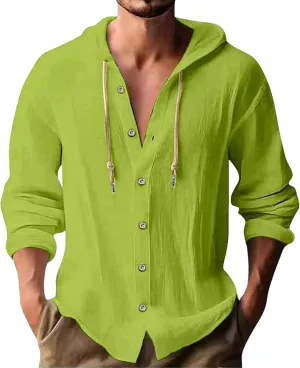 Cotton Hoodie for Mens Long Sleeve Linen Button Down Shirt Summer Casual Hawaiian Beach Tops Lightweight Work Tshirt