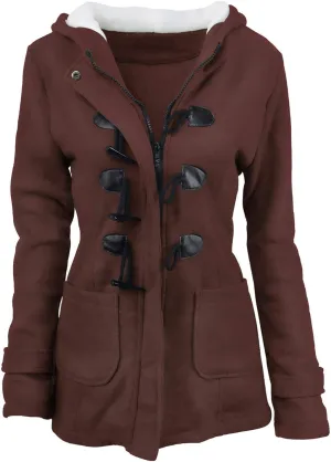 Cotton Jackets for Women 2024 Solid Horn Buttons Overcoat Hoodies Padded Wool Lined Hooded Long Sleeve Coat Jacket